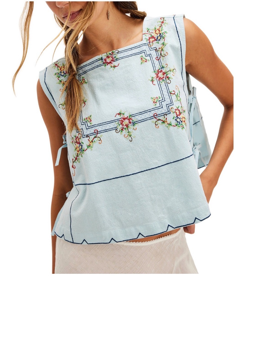 Free People Sleeveless Garden Wall Embroidery Top Blouse Blue S